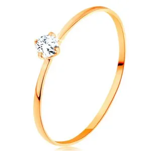 Prsteň zo žltého 14K zlata - tenké ramená, okrúhly diamant čírej farby - Veľkosť: 52 mm