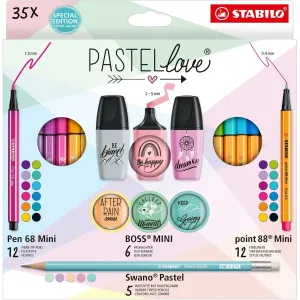 STABILO Pastellove – 35 ks – jemné linery, prémiové vláknové fixy, zvýrazňovače a grafitové ceruzky