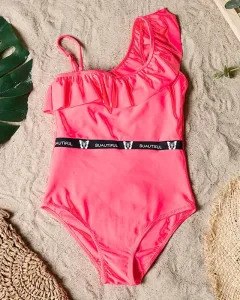 Dámske neónovo ružové jednodielne plavky s volánom - Spodná bielizeň