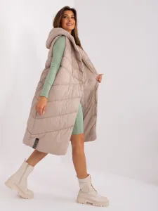 Béžová prešívaná zateplená dlhá vesta s kapucňou - L