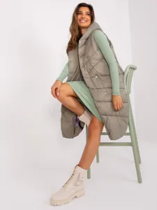 Khaki prešívaná zateplená dlhá vesta s kapucňou - M