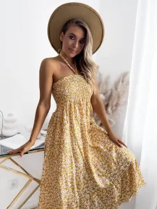 Dámske kvetinové žlté midi šaty - Oblečenie