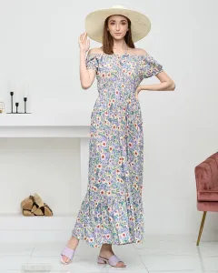 Dlhé letné zelené šaty pre ženy s fialovými kvetmi - Oblečenie