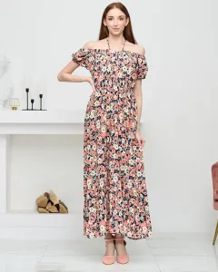 Dlhé tmavomodré dámske šaty s koralovými kvetmi - Oblečenie