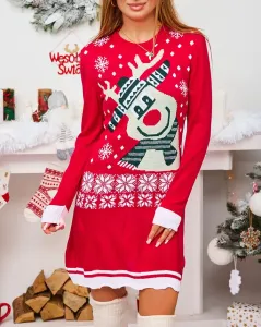 Royalfashion Červený vianočný sveter Dámske mini šaty so sobom