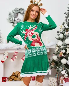 Royalfashion Zelený vianočný sveter dámske mini šaty so sobom