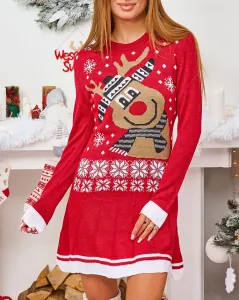 Royalfashion Bordový vianočný sveter Dámske mini šaty so sobom