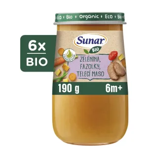 Sunar BIO príkrm zelenina, fazuľky, teľacie mäso, olivový olej 6 m+, 6× 190 g