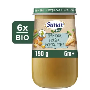 Sunar BIO príkrm zemiaky, hrášok, morská šťuka, olivový olej 6 m+, 6× 190 g