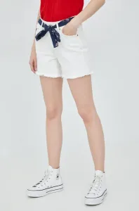 Rifľové krátke nohavice Superdry dámske, biela farba, jednofarebné, stredne vysoký pás #239767