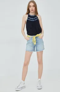 Rifľové krátke nohavice Superdry dámske, jednofarebné, stredne vysoký pás