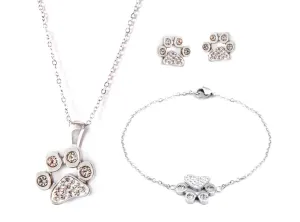Set náušnice, náhrdelník a náramok s labkou a zirkónmi - chirurgická oceľ #2488086