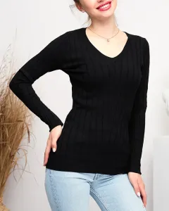 Dámsky čierny sveter s výstrihom do V - Oblečenie