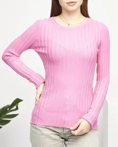 Dámsky ružový sveter s okrúhlym výstrihom- Oblečenie