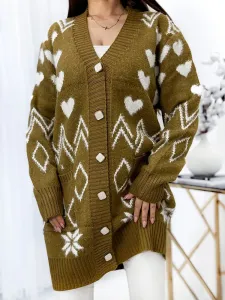 Royalfashion Vzorovaný horčicový dámsky sveter s prehozmi