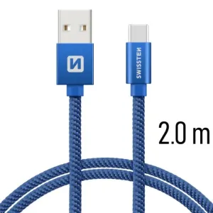 Dátový kábel Swissten textilný s USB-C konektorom a podporou rýchlonabíjania, modrý 71521308