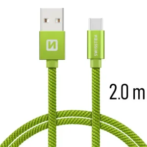 Dátový kábel Swissten textilný s USB-C konektorom a podporou rýchlonabíjania, zelený 71521307