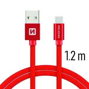 Dátový kábel Swissten textilný s USB-C konektorom a podporou rýchlonabíjania, červený 71521206