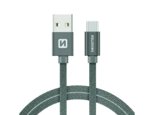 Dátový kábel Swissten textilný s USB-C konektorom a podporou rýchlonabíjania, sivý 71521202