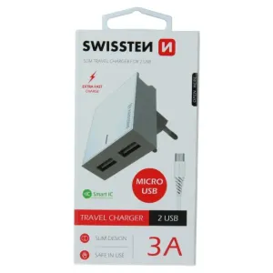 Rýchlonabíjačka Swissten Smart IC 3.A s 2 USB konektormi a dátový kábel USB / Micro USB 1,2 m, biela 22041000
