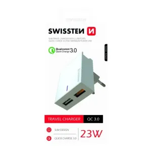 Rýchlonabíjačka Swissten Qualcomm Charger 3.0 s 2 USB konektormi, 23 W, biela 22049600