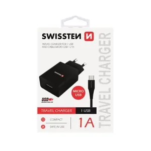 Swissten sieťový adaptér Smart IC 1× USB 1A power + dátový kábel USB/microUSB 1,2 m čierny
