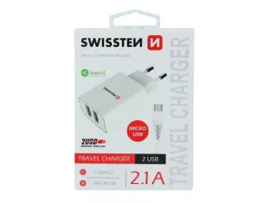Nabíjačka Swissten Smart IC 2.1A s 2 USB konektormi a dátovým káblom USB/Micro USB, 1,2 m, biela 22051000