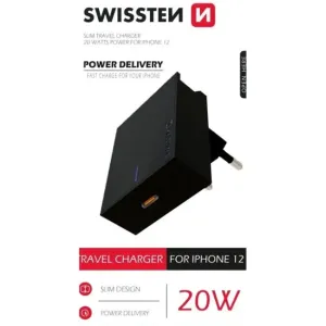 Rýchlonabíjačka Swissten Power Delivery 20 W s 1x USB-C pre iPhone 12, čierna 22050500