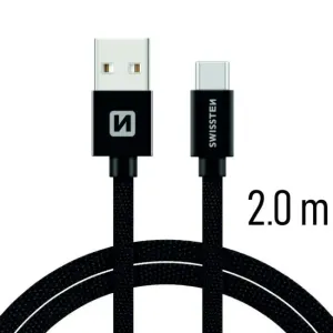 Dátový kábel Swissten textilný s USB-C konektorom a podporou rýchlonabíjania, čierny 71521301