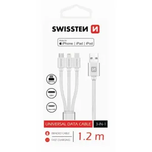 Dátový kábel Swissten textilný 3 v 1 a s podporou rýchlonabíjania, strieborný 72501102