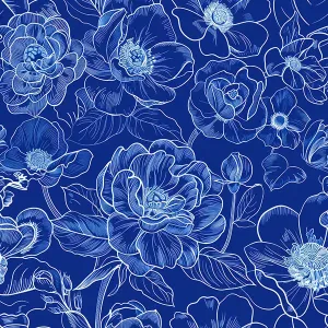 Zbytky - Priehľadný šifón kvety imitácia modrotlače