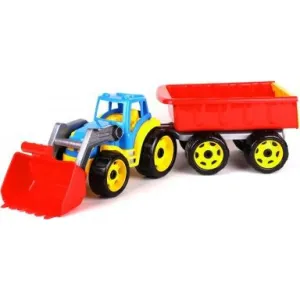 Traktor modrý s prednou lyžicou a červeným vlekom