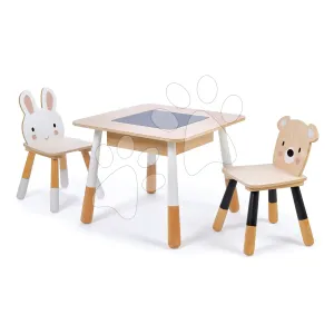 Drevený detský nábytok Forest table and Chairs Tender Leaf Toys stôl s úložným priestorom a dve stoličky medveď a zajac
