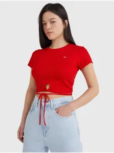 Červené dámske rebrované cropped tričko so zaväzovaním v páse Tommy Jeans #717449