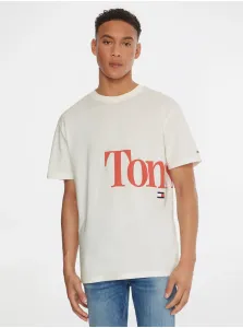 Bavlnené tričko Tommy Jeans béžová farba, s potlačou