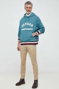 Mikina Tommy Hilfiger x Shawn Mendes pánska, tyrkysová farba, s kapucňou, vzorovaná