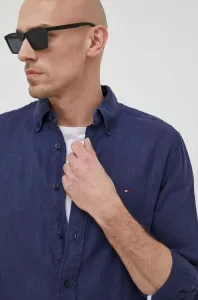 Ľanová košeľa Tommy Hilfiger tmavomodrá farba, regular, s golierom button-down