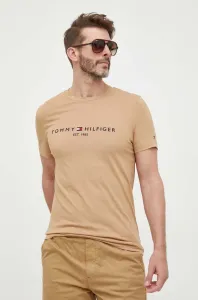 Bavlnené tričko Tommy Hilfiger pánsky, béžová farba, s nášivkou