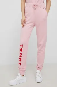 Bavlnené nohavice Tommy Hilfiger dámske, ružová farba, s nášivkou