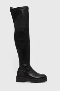 Kožené čižmy Tommy Hilfiger Monochromatic Over The Knee Boot dámske, čierna farba, na platforme, #8318622