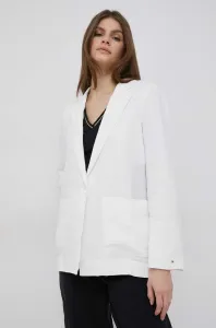 Ľanové sako Tommy Hilfiger biela farba, jednoradové, jednofarebné