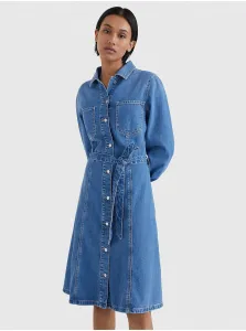 Modré dámske košeľové rifľové šaty so zaväzovaním v páse Tommy Hilfiger Fit & Flare #209143