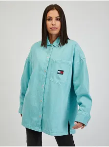 Rifľová košeľa Tommy Jeans dámska, tyrkysová farba, voľný strih, s klasickým golierom #573563