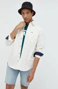 Bavlnená košeľa Tommy Jeans pánska, béžová farba, voľný strih, s klasickým golierom #250923