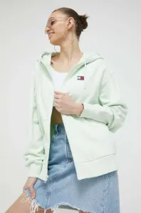 Bavlnená mikina Tommy Jeans dámska, zelená farba, s kapucňou, jednofarebná #7527170