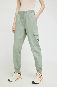 Bavlnené nohavice Tommy Jeans dámske, zelená farba, strih cargo, vysoký pás #258235