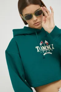 mikina Tommy Jeans dámska, zelená farba, s kapucňou, s nášivkou #4236321