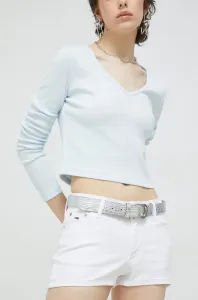 Rifľové krátke nohavice Tommy Jeans dámske, biela farba, jednofarebné, stredne vysoký pás