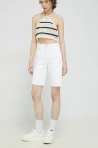 Rifľové krátke nohavice Tommy Jeans dámske, biela farba, jednofarebné, vysoký pás #7527522