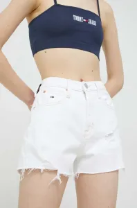 Rifľové krátke nohavice Tommy Jeans dámske, biela farba, jednofarebné, vysoký pás #7946667
